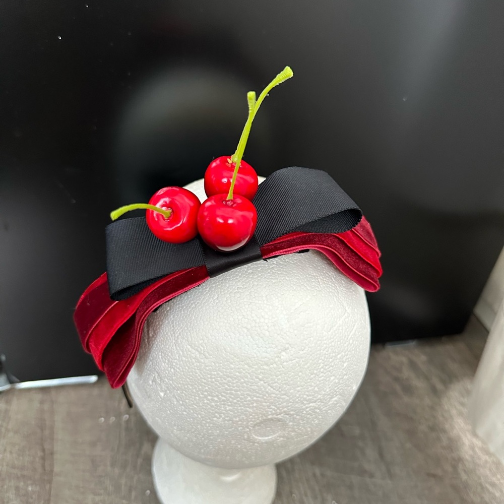 Handmade Designer Fascinator Headband Cherries Red Black Velvet Bow - Picture 5 of 15